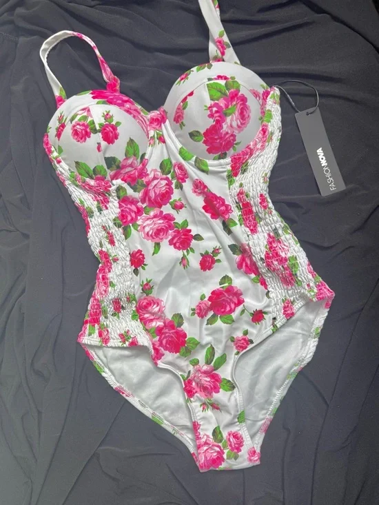 Fashion Nova White Floral One-Piece Swimsuit with Pink Roses SOLD OUT on FN! - Picture 5 of 5